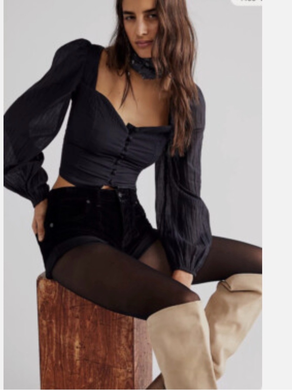 Free People Sorella Top Button Long Sleeve Cropped Blouse Smocked | XL | Black